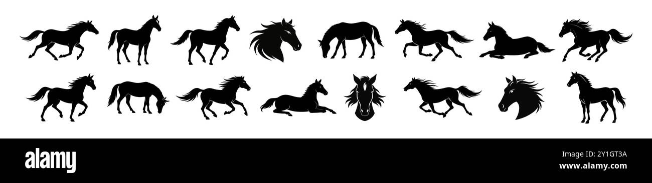 Silhouettes noires de chevaux dans diverses poses isolées sur fond blanc. Concept d'illustrations équines, Mustangs sauvages, icônes équestres, Anim ferme Illustration de Vecteur