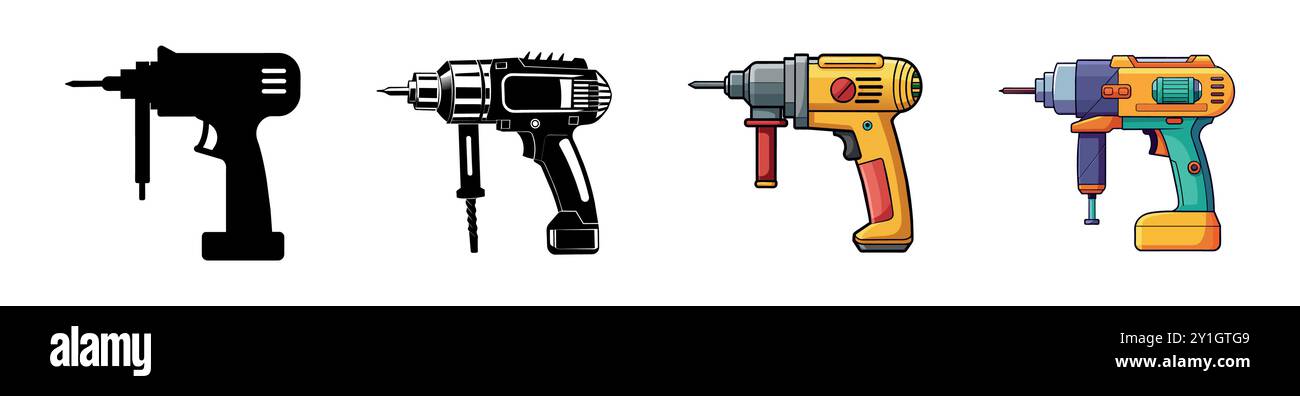 Collection de divers forets dans différents styles et couleurs. Illustrations colorées et silhouettes noires. Concept d'outils de construction, équipme de main Illustration de Vecteur