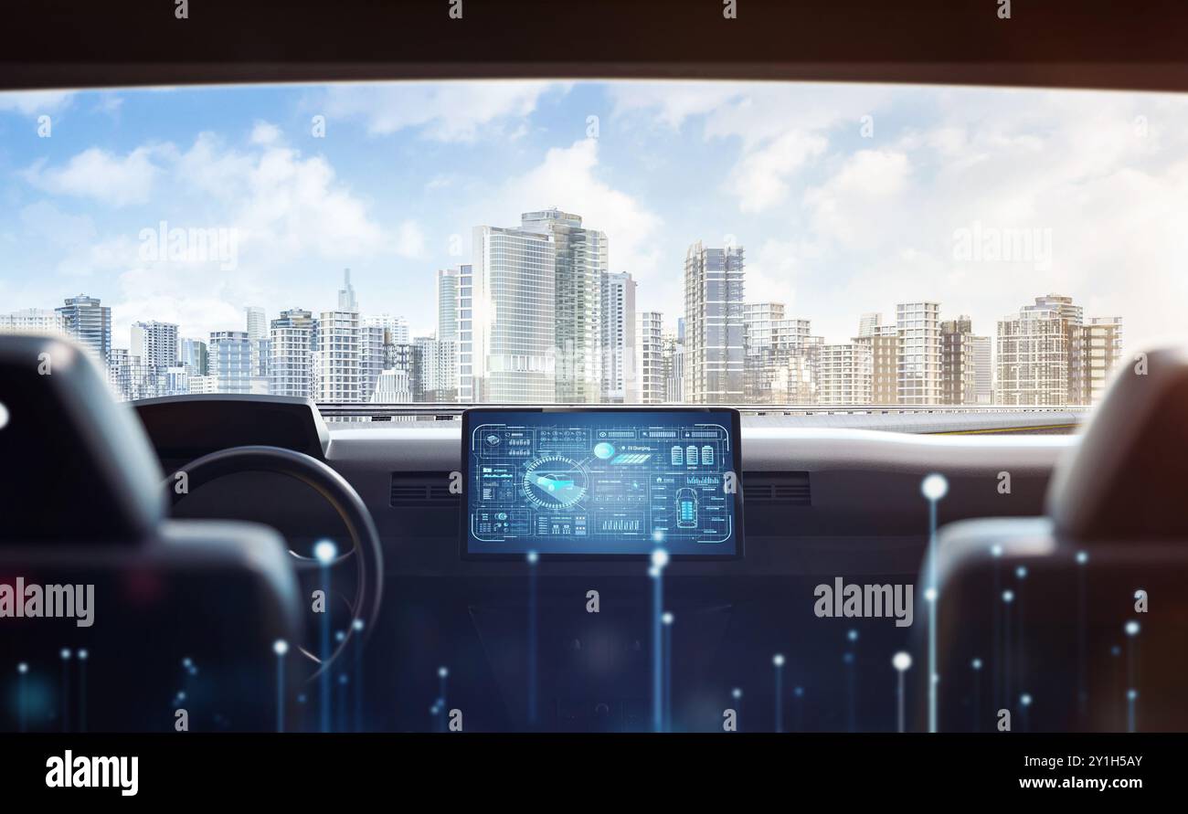 Voiture de pilotage automatique ou de pilote automatique avec affichage graphique sur l'écran de moniteur dans le rendu 3d ev voiture dans la ville intelligente Banque D'Images