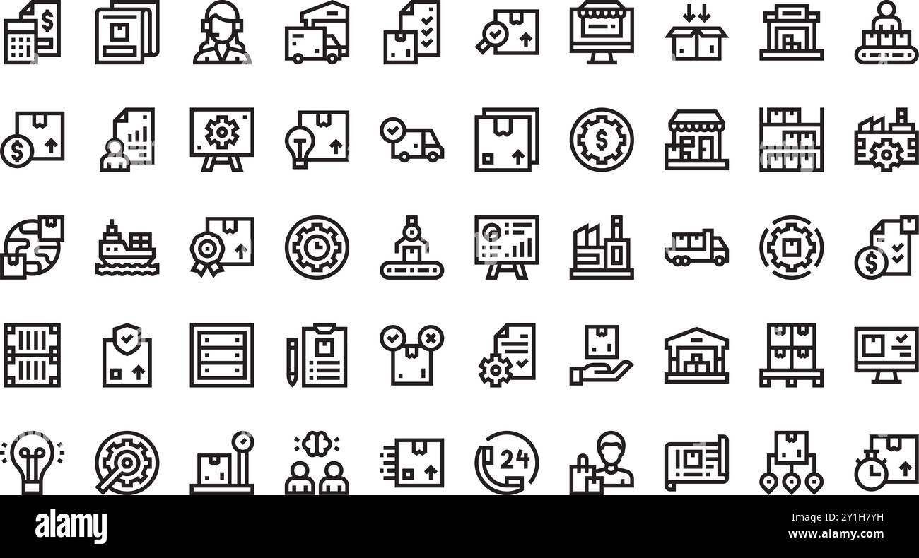 Icônes de fabrication et de distribution Collection d'icônes vectorielles de haute qualité avec contour modifiable. Idéal pour les projets professionnels et créatifs. Illustration de Vecteur