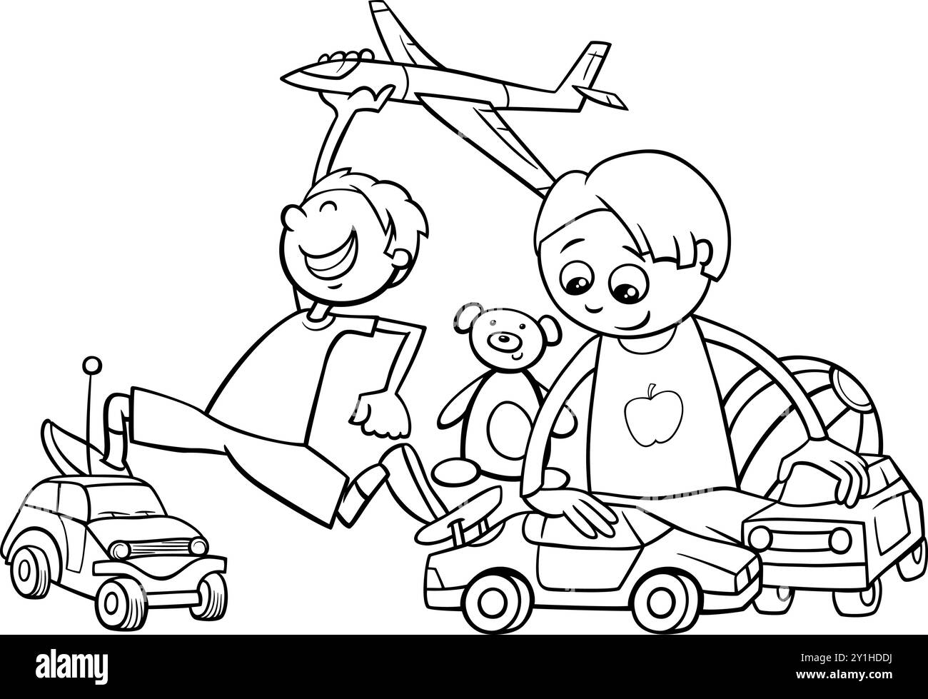 Illustration de dessin animé de garçons heureux jouant avec la page de coloriage de jouets Illustration de Vecteur