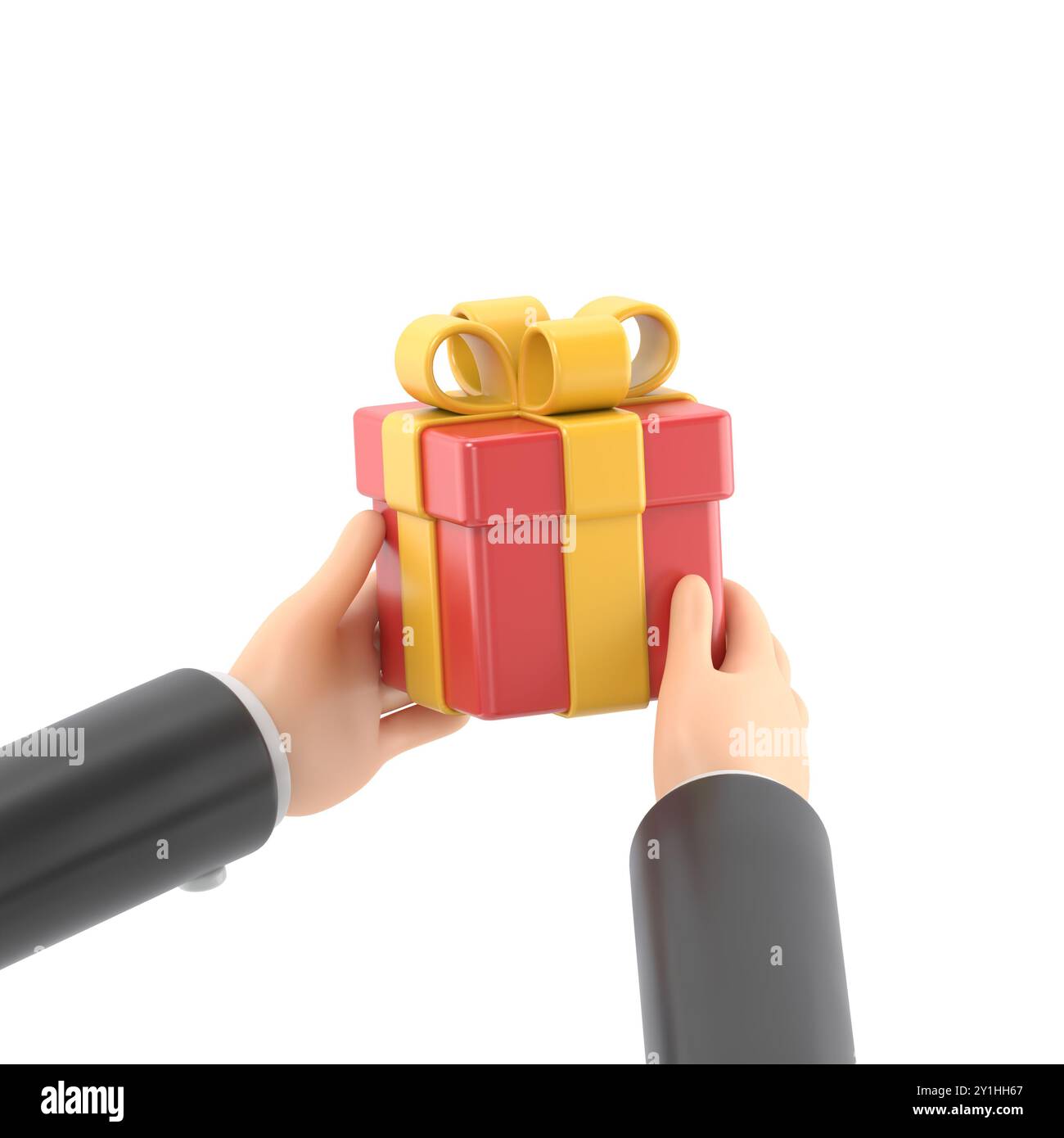 Maquette d'icône de geste de dessin animé. rendu 3d. Clip art festif isolé sur fond blanc. les mains tiennent la boîte-cadeau avec un arc doré. Icône sociale de Noël Banque D'Images