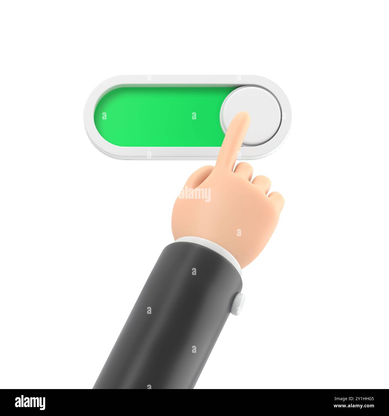 Icône de geste de dessin animé rendu Mockup.3d, main de personnage de dessin animé activant le bouton, barre de défilement icon.3D rendu sur fond blanc. Banque D'Images