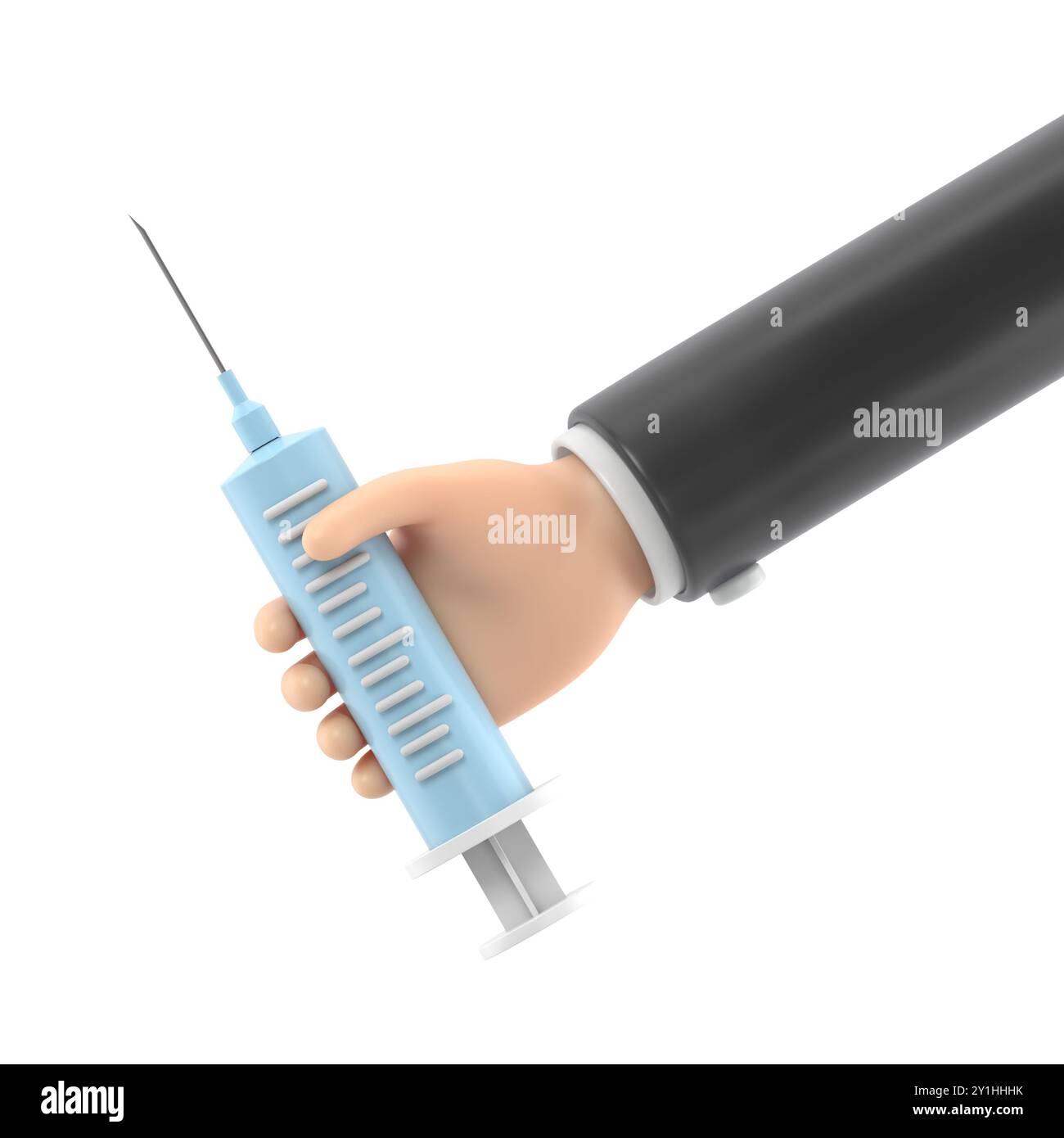 rendu 3d. Main de dessin animé de docteur tenant la grande seringue avec le vaccin contre le virus. Illustration médicale de santé. Clip pharmaceutique art.3D rendu o Banque D'Images