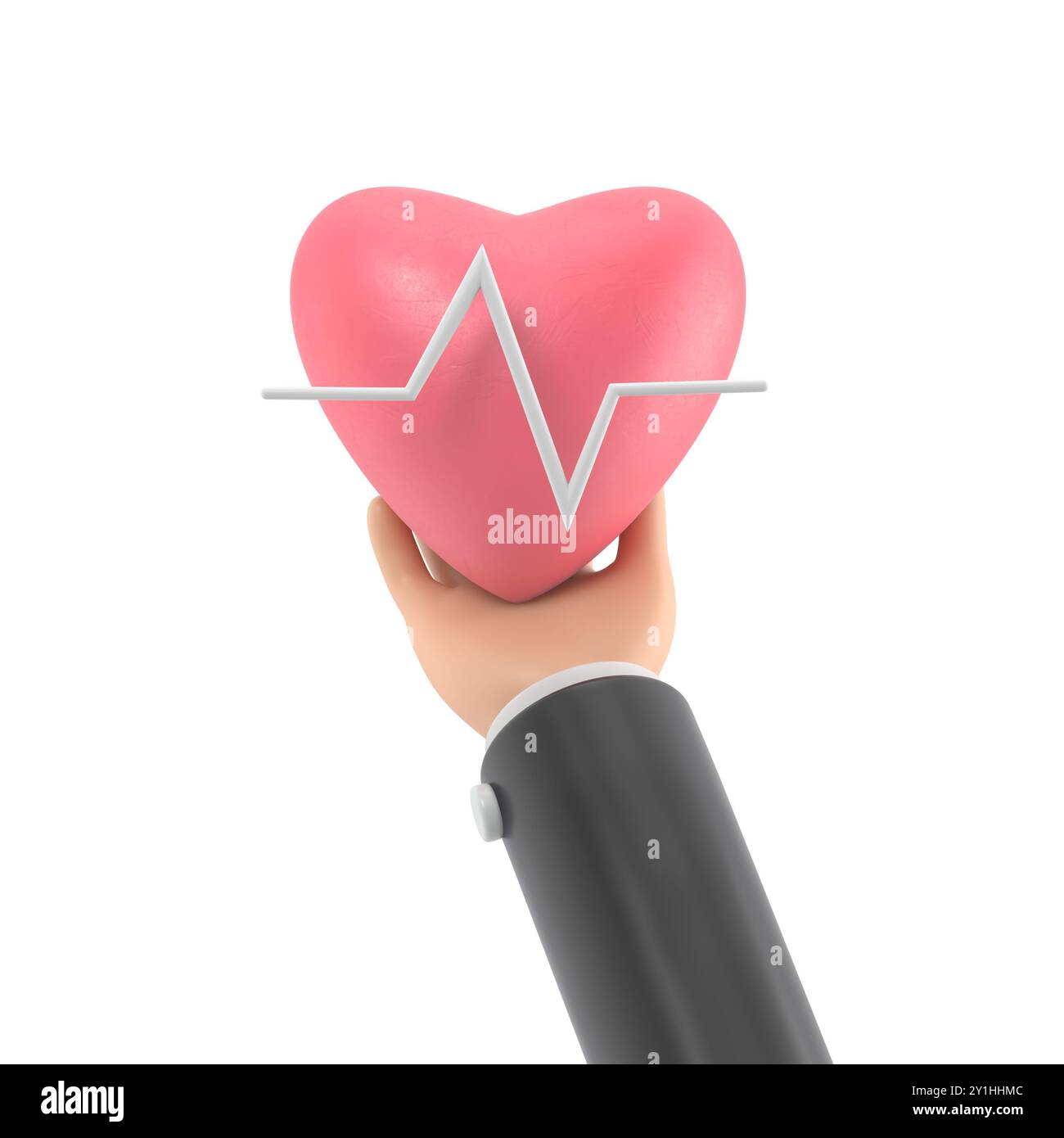 rendu 3d. Icône de fréquence cardiaque médicale. Médecin ou cardiologue bande dessinée main tenant le coeur avec la ligne de graphique. Illustration de la santé. Clip cardiogramme art.3D. Banque D'Images