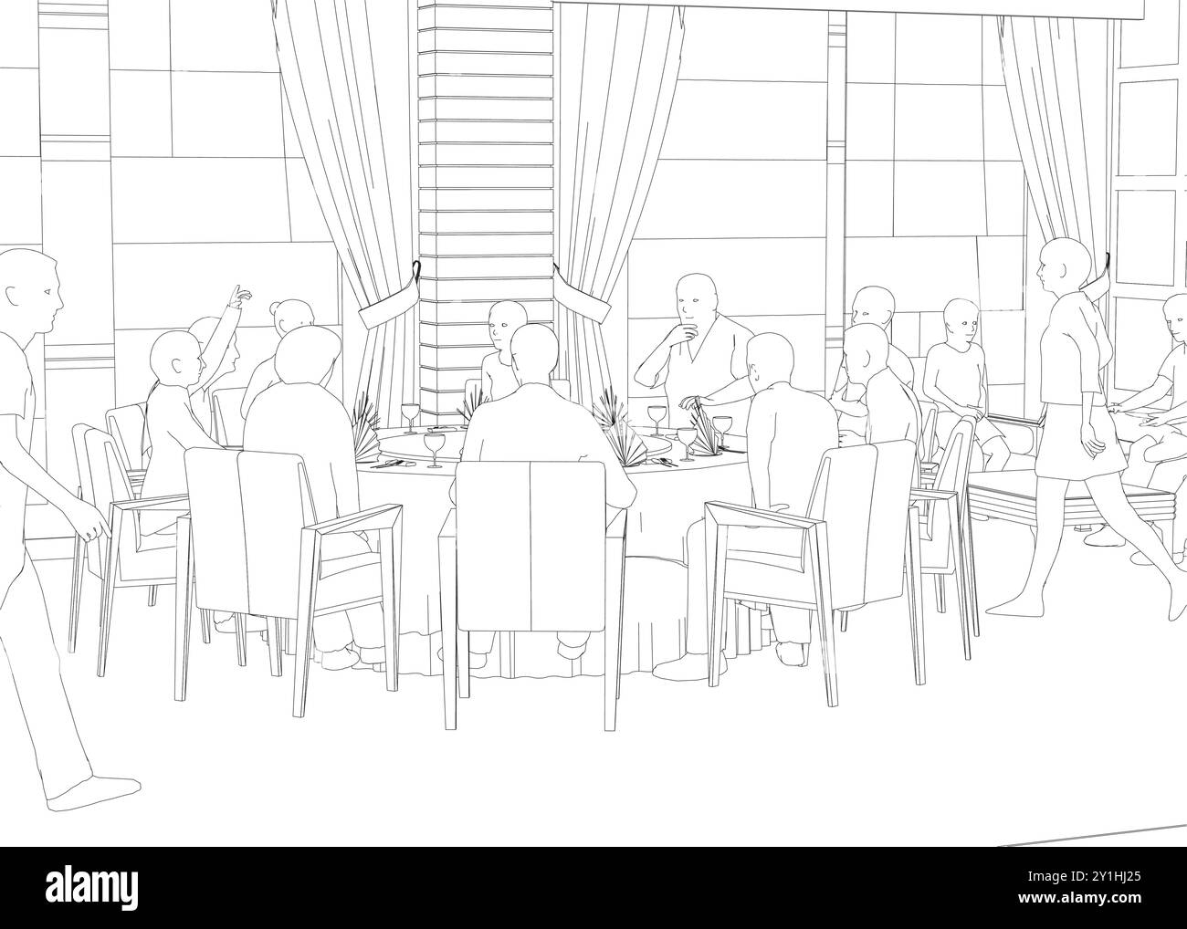 Contour des personnes assises dans le restaurant sur des chaises et un canapé de lignes noires isolées sur fond blanc. Intérieur du restaurant. Vue en perspective. Vecto Illustration de Vecteur