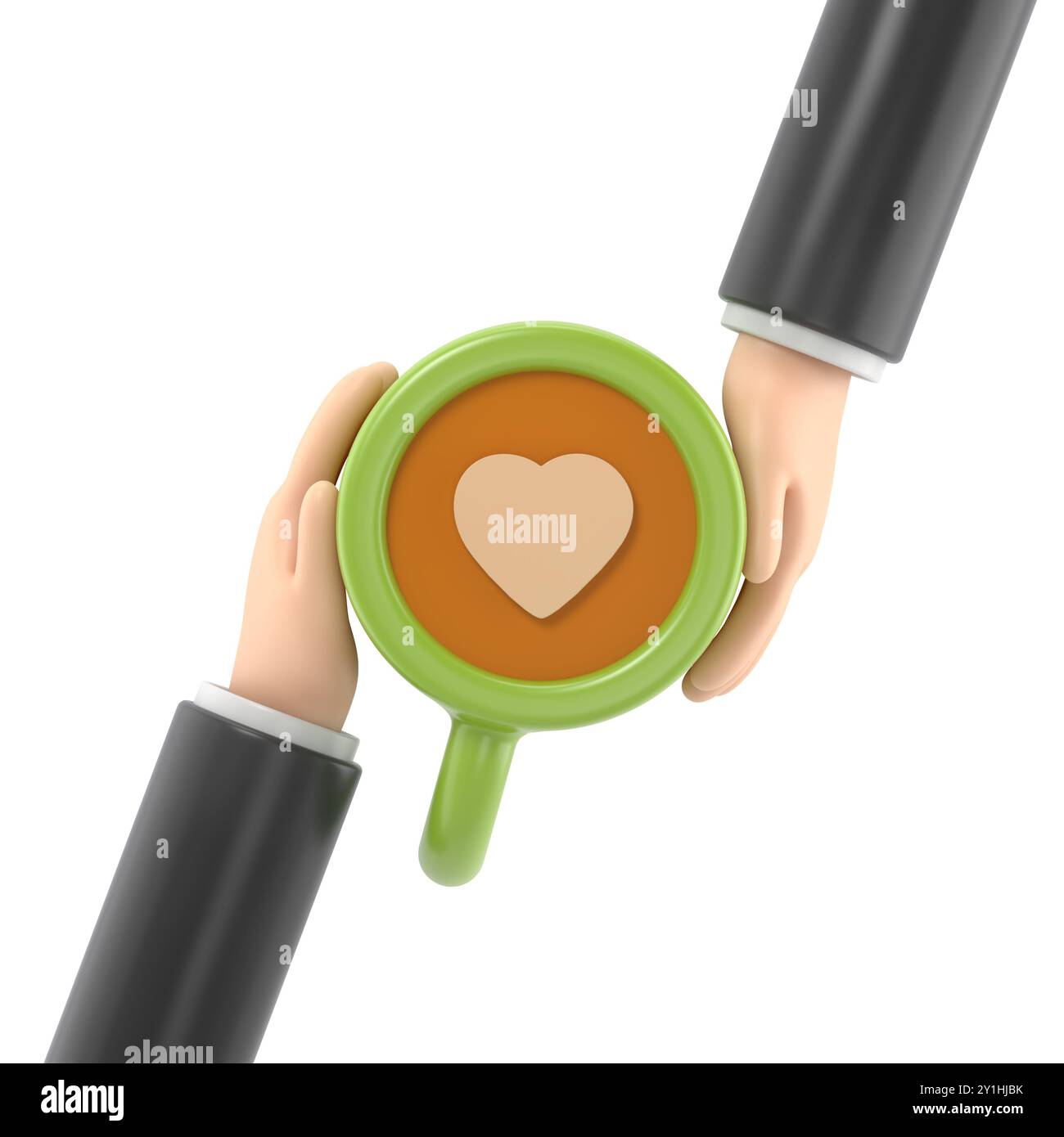 Couple dans les femmes d'amour et l'homme tenant le café de tasse avec le symbole de forme de coeur de chocolat. Bonne Saint Valentin. Modèle pour le rendu carte de voeux.3D sur W Banque D'Images