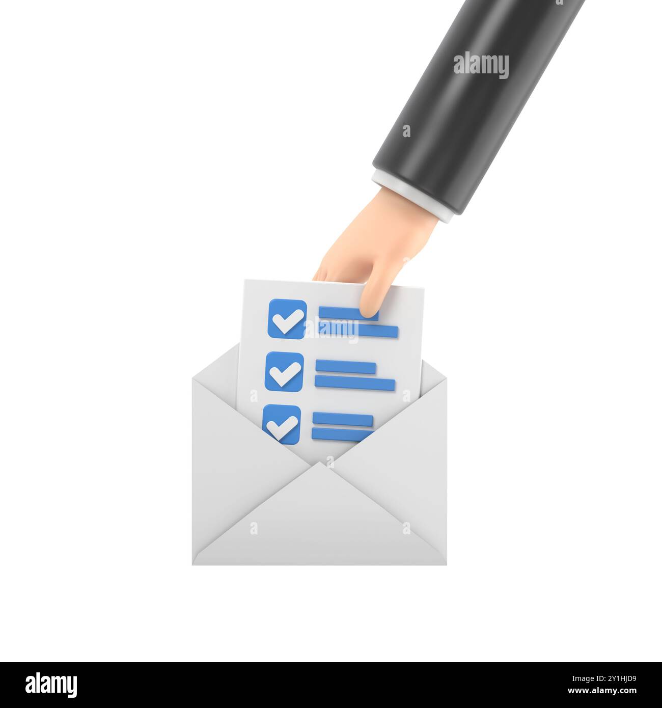 icône d'enveloppe de courrier 3d avec liste de contrôle de tâches de gestion dans la main. Lettre e-mail minimale avec lettre papier lu, devoir et examen. message c Banque D'Images