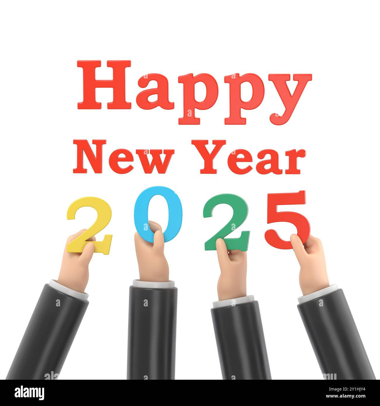 Bonne année 2024. Les hommes d'affaires de l'équipe détenant les numéros 2025, et le texte félicitations, Greetings.3D rendu sur fond blanc. Banque D'Images