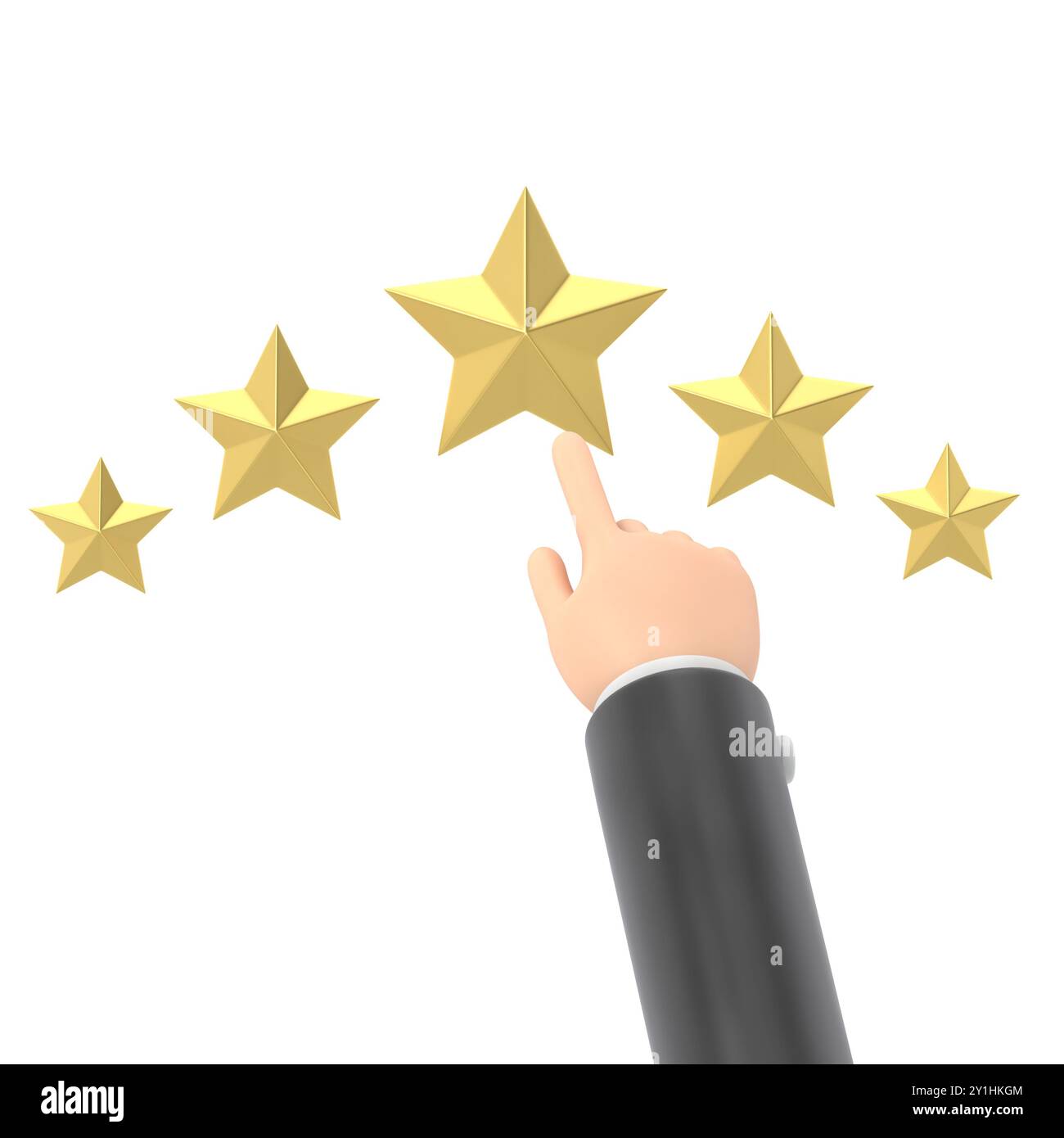 Icône d'évaluation. Star illustration 3d design plat. Concept de feedback. Système d'évaluation. Avis positif. Travail de qualité. Le doigt de l'homme pointe vers la star.3D. Banque D'Images