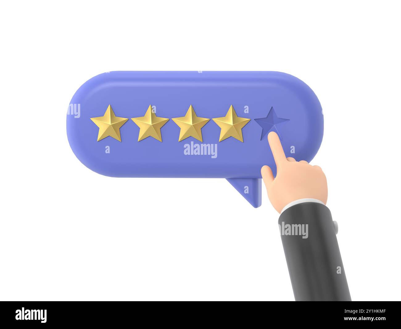 Main de l'utilisateur pointant sur le formulaire de sondage et choisissant l'étoile jaune. Avis client positif cinq étoiles. Feedback en ligne, rendu 3D sur fond blanc. Banque D'Images