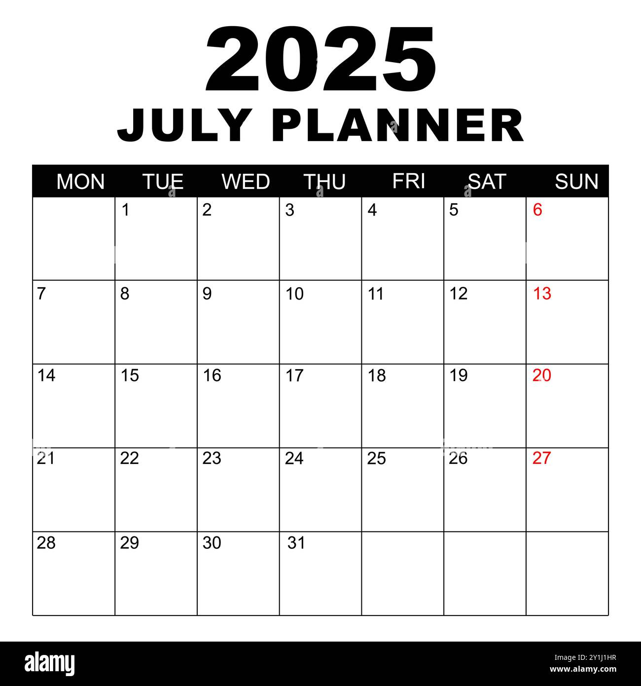 Calendrier de juillet 2025. La semaine commence le lundi. Modèle de calendrier vierge. Convient