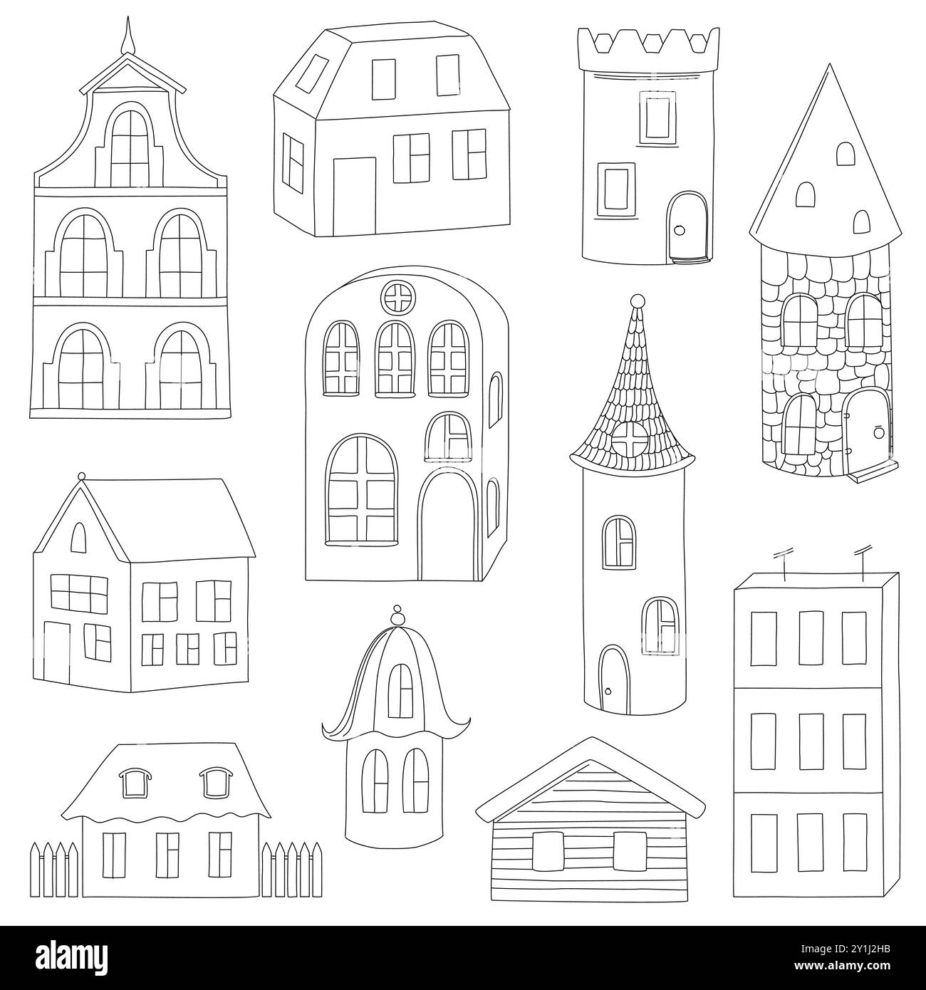 Ensemble de maisons et de tours dessinées à la main Illustration de Vecteur