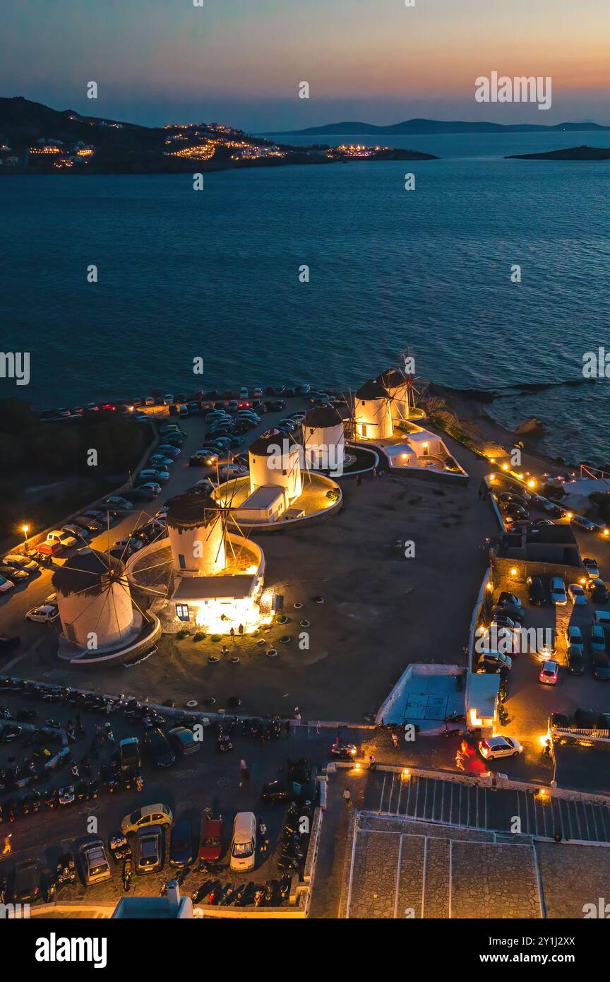 Nuit dans la ville de Mykonos, île de Mykonos, Cyclades Banque D'Images