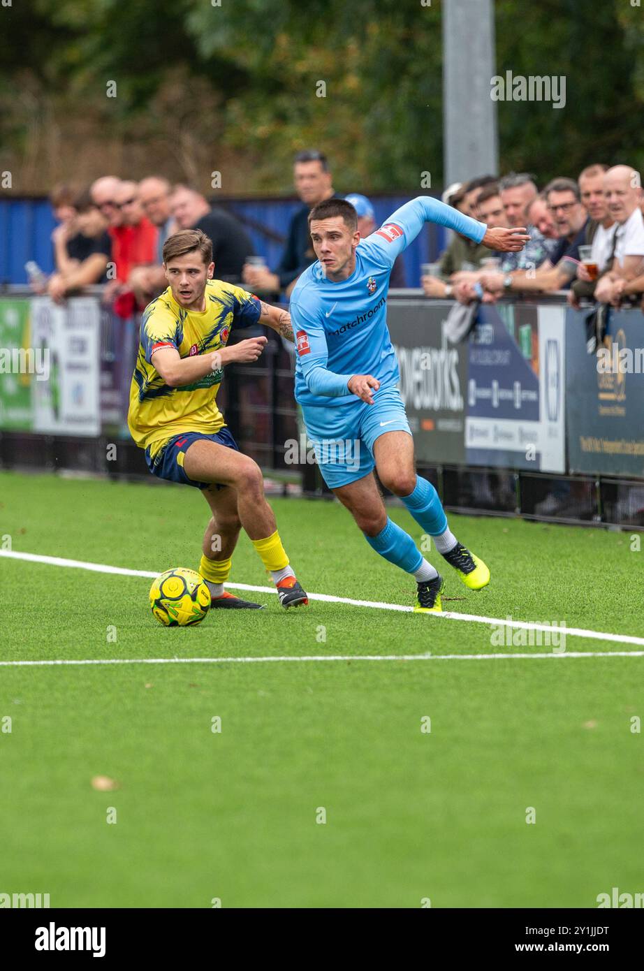 Brentwood, Angleterre, Royaume-Uni. 7 septembre 2024. Brentwood Town fera face à un match difficile qu'ils jouent à domicile contre une Witham Town en forme dans le Trophée FA. La bonne forme récente de Witham Town pourrait en faire un concours difficile. Il promet d'être un événement passionnant avec les deux équipes visant à progresser dans la compétition. Mais Brentwood Town gagne 3-2 crédit : Richard Lincoln / Alamy Live News Banque D'Images