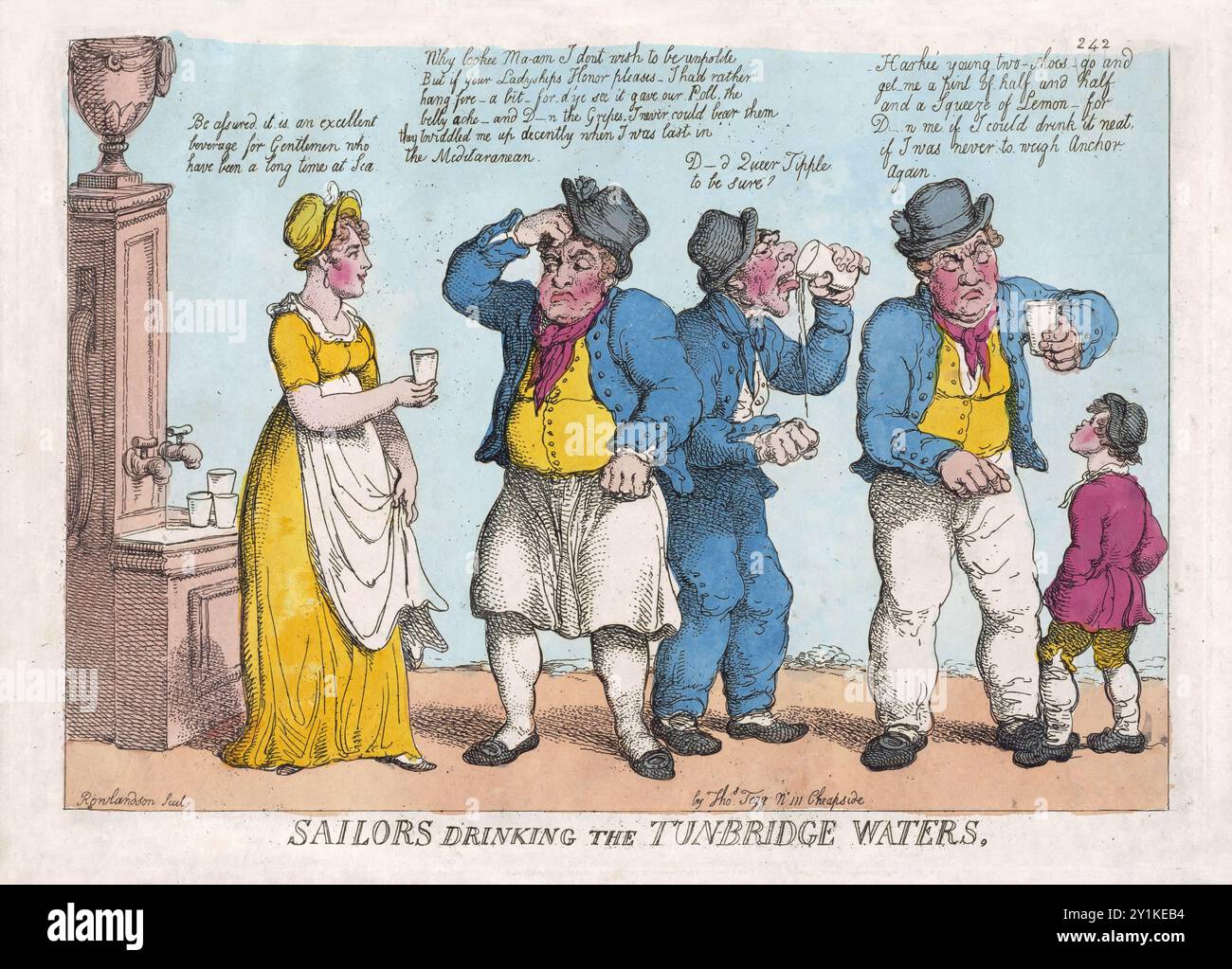 Une drôle humoristique gravure colorée de marins buvant l'aquarelle Tunbridge Waters gravure sur papier vintage 18ème siècle créé par Thomas Rowlandson antique impression art art caricatures humaines, impression satirique. L'impression est un commentaire sur les bienfaits perçus pour la santé des eaux, les contrastant avec les expériences et les préférences plus robustes des marins Banque D'Images