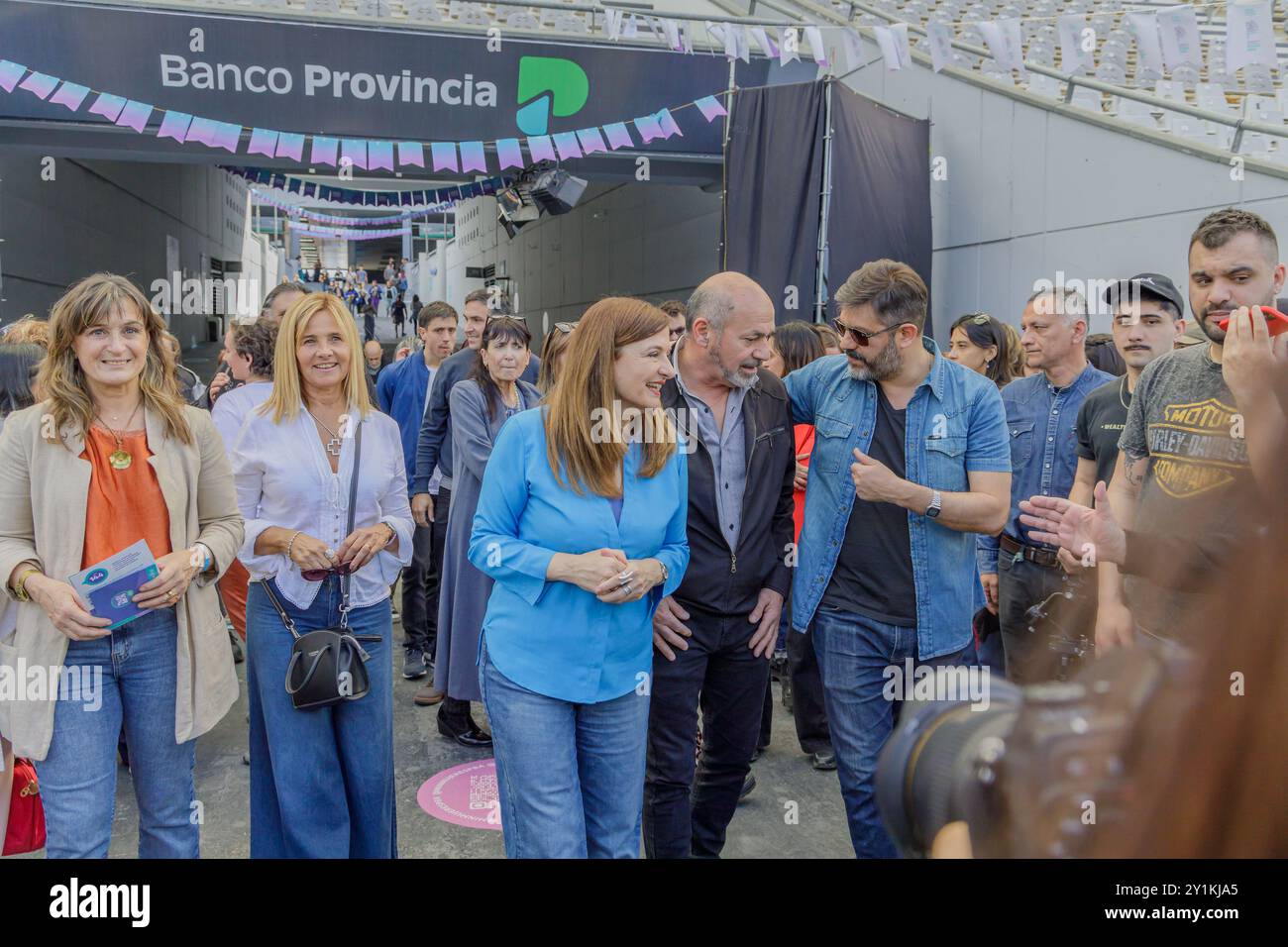 La Plata, Buenos Aires, Argentine ; 7 septembre 2024 : la ministre Estela Diaz avec Mario Secco et Carlos Bianco à l'inauguration de l'Expo Igualdad Bo Banque D'Images