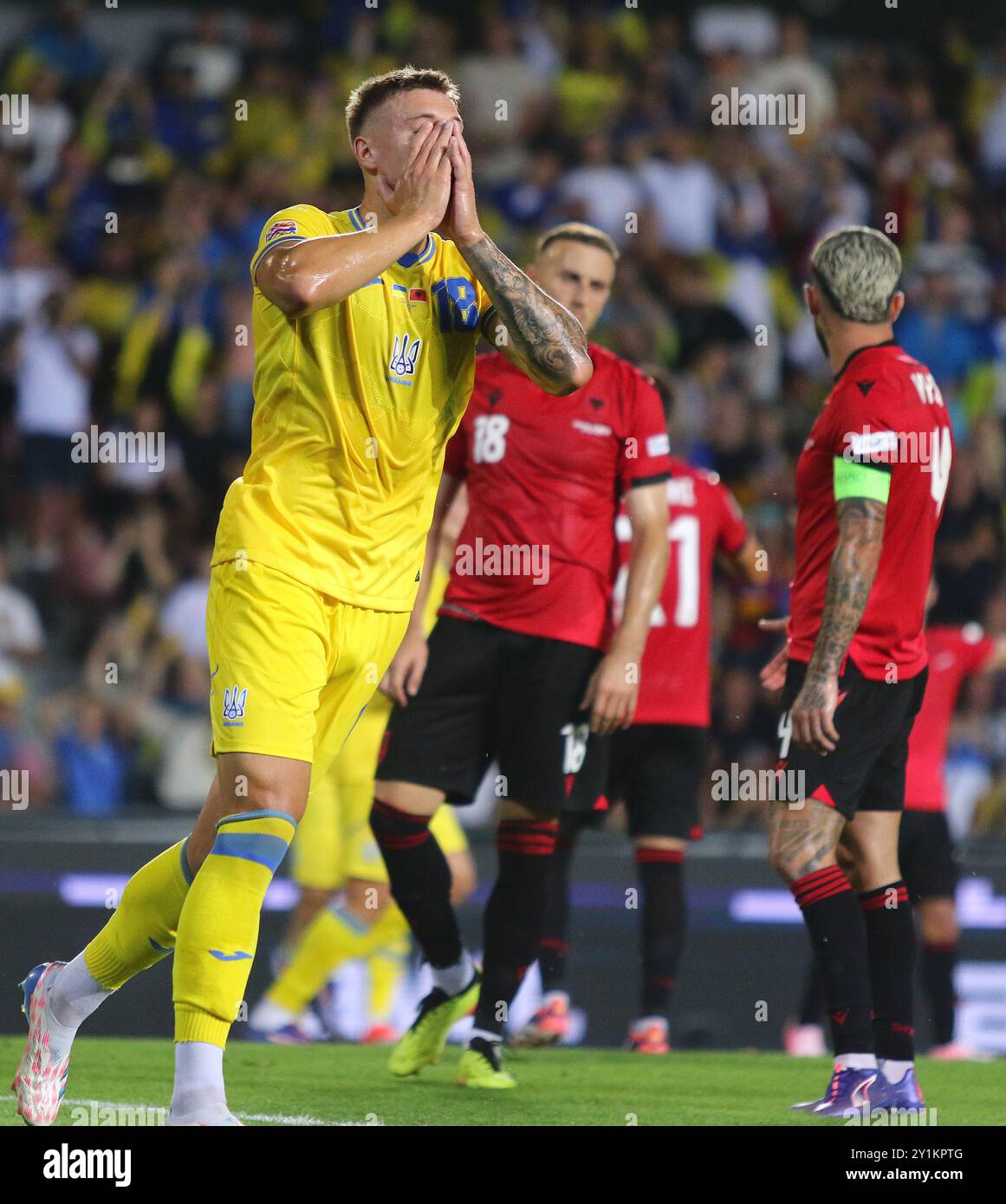 Prague, Tchéquie. 7 septembre 2024. Match de l'UEFA Nations League Ukraine - Albanie à l'Epet Arena de Prague. Volodymyr Brazhko d'Ukraine (#18) en action. Crédit : Oleksandr Prykhodko/Alamy Live News Banque D'Images