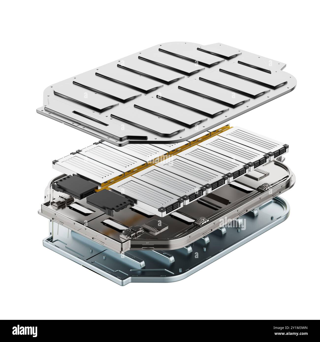 Vue éclatée de la 3d rendant le module des cellules de batterie de véhicule électrique isolé sur blanc Banque D'Images