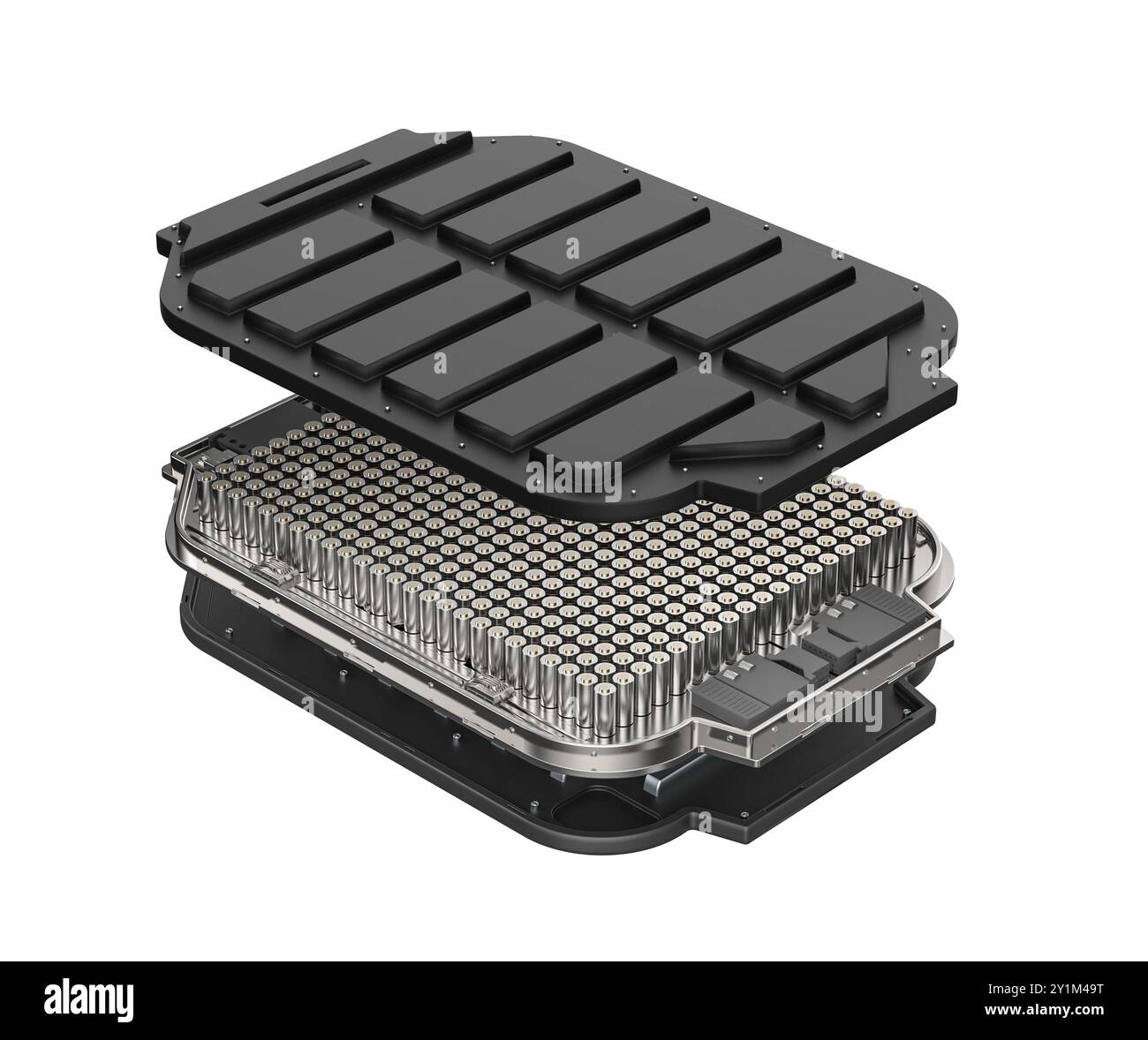 Vue éclatée de la pochette de batterie de véhicule électrique noire en 3D avec module d'éléments de batterie cylindriques Banque D'Images