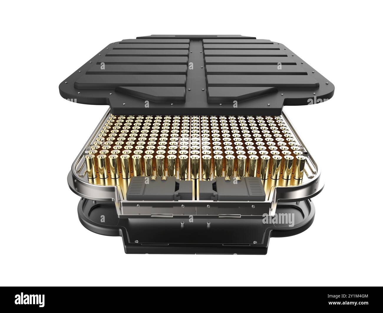 Vue éclatée de la pochette de batterie de véhicule électrique noire en 3D avec module d'éléments de batterie cylindriques Banque D'Images