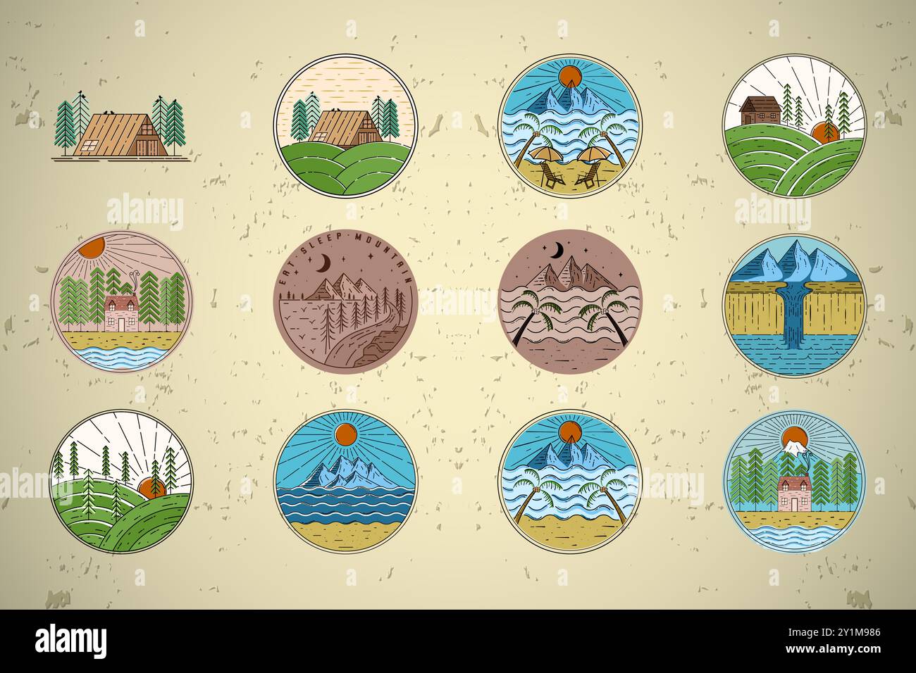 Jeu de badge logo extérieur. Ensemble de cabane, chalet, montagne, plage, colline et modèle de logo de cascade. Emblème logo vintage pour chemises, timbres, autocollants, Illustration de Vecteur