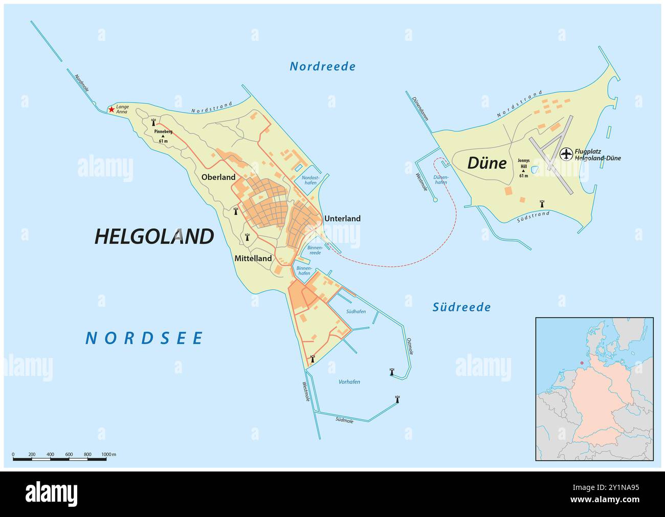 Carte détaillée de l'île allemande de Heligoland dans la mer du Nord Banque D'Images