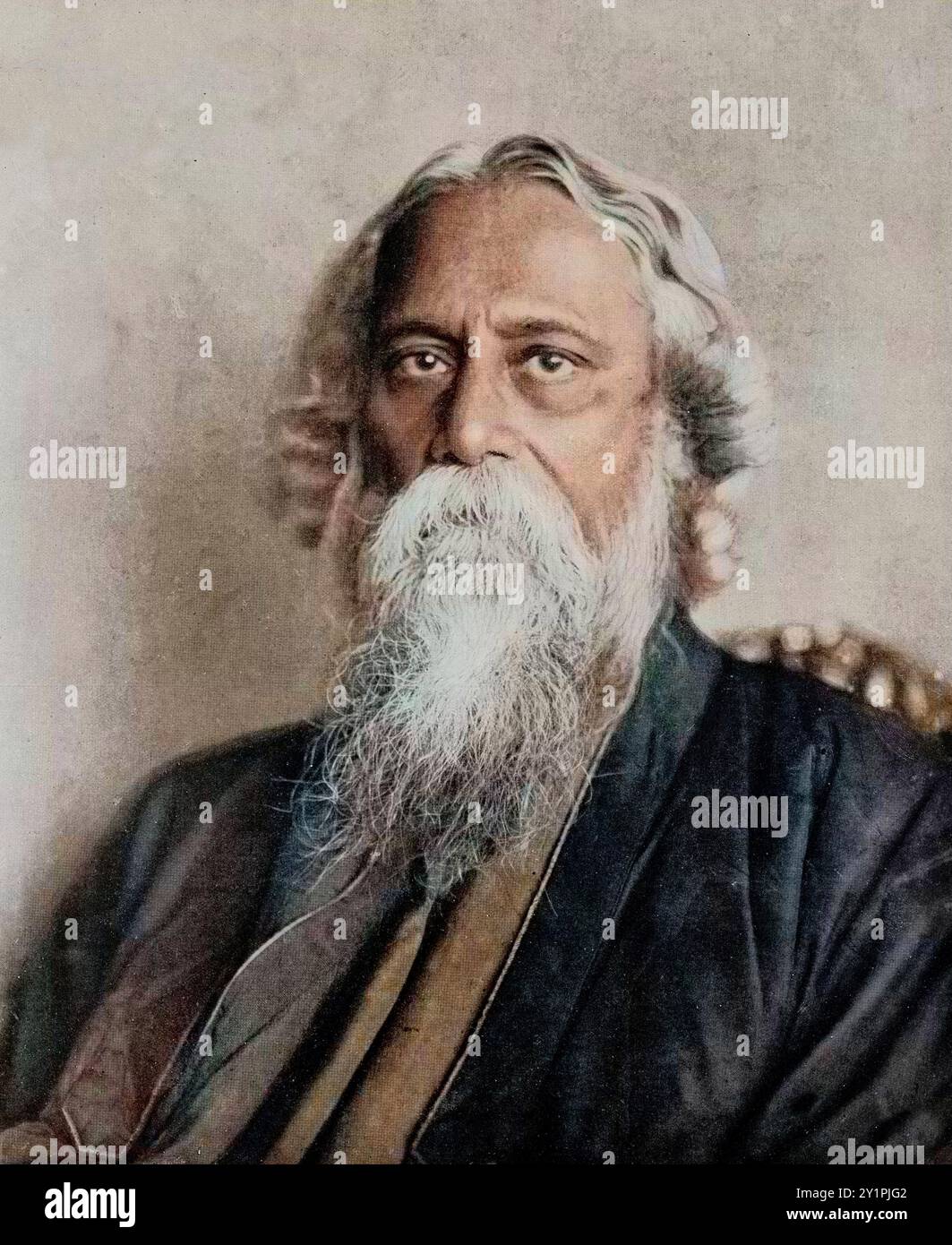 Portrait of Rabindranath Tagore (1861-1941), Indian Poet - photo colorié - Later Coloring. Image colorée numériquement Banque D'Images