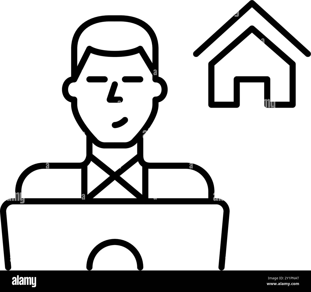 Homme à l'ordinateur portable avec le symbole de la maison derrière elle. Travailler à domicile ou faire des achats immobiliers en ligne. Pixel Perfect, icône de vecteur de contour modifiable Illustration de Vecteur