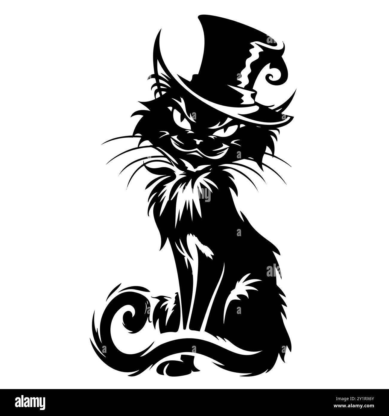 Chat espiègle dans chapeau de sorcière en noir et blanc artistique Illustration de Vecteur