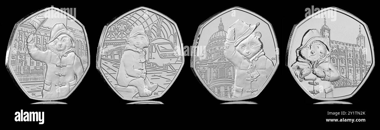 Une collection de pièces Paddington Bear 50 pence de 2018 et 2019 émises au Royaume-Uni Banque D'Images