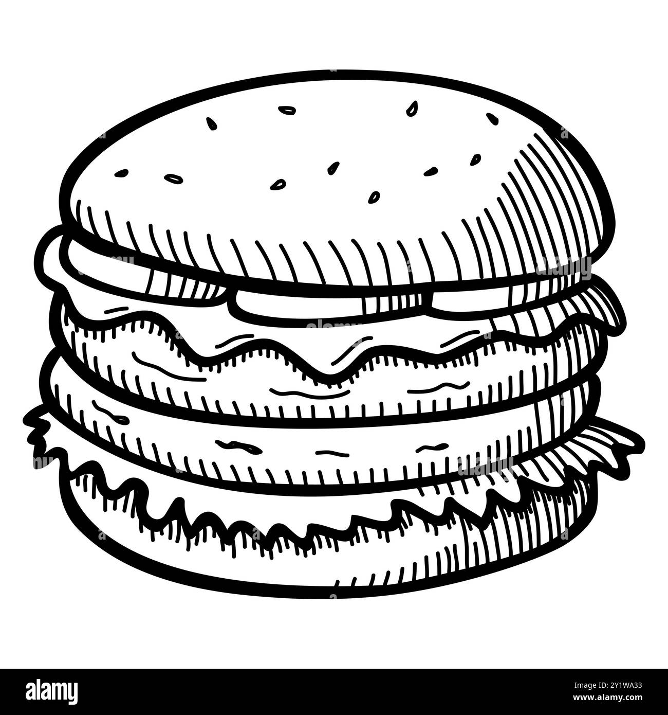 Doodle line art illustration vectorielle d'un burger au fromage isolé sur blanc Illustration de Vecteur