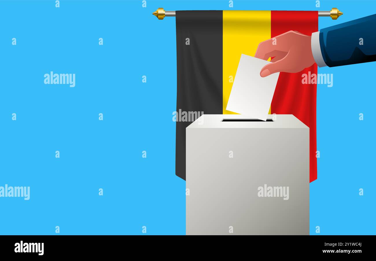 Boîte de vote avec bannière Belgique en arrière-plan, jour de l'élection, espace de copie pour personnaliser le modèle Illustration de Vecteur