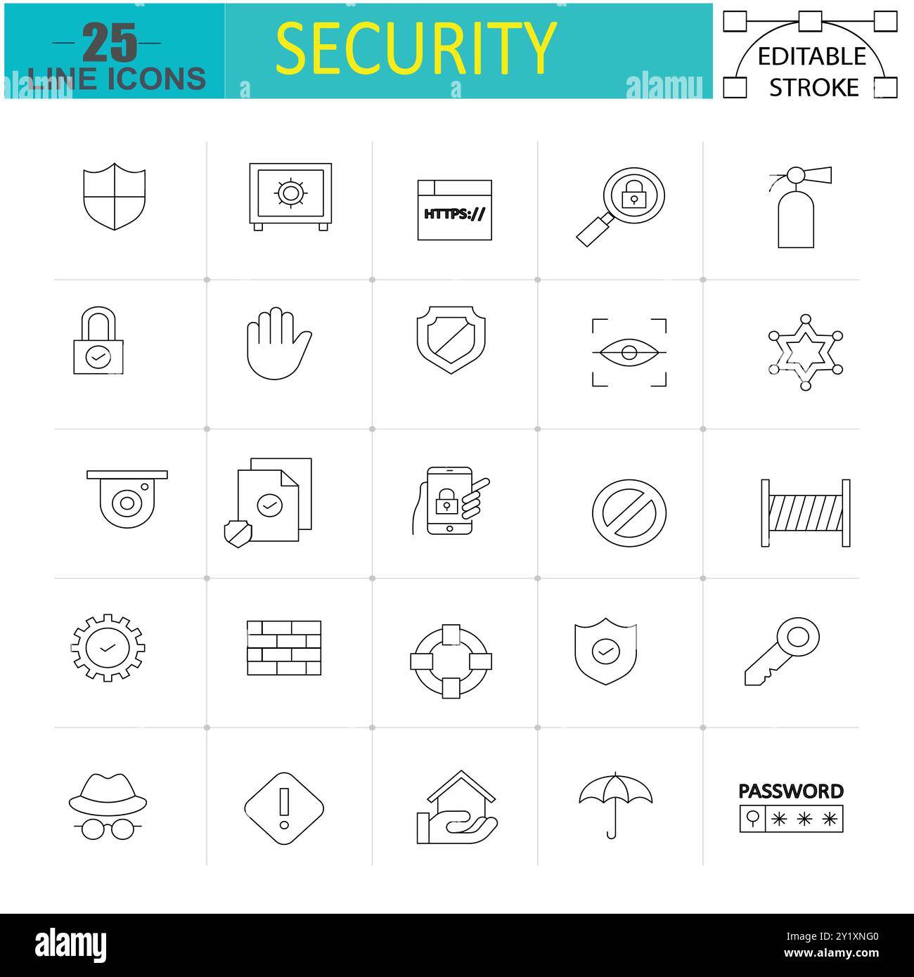 Jeu d'icônes de ligne de sécurité et de protection - 25 icônes de contour modifiables pour la cybersécurité, la confidentialité et la sécurité. Illustration vectorielle pour l'interface utilisateur, le Web et l'impression. Illustration de Vecteur