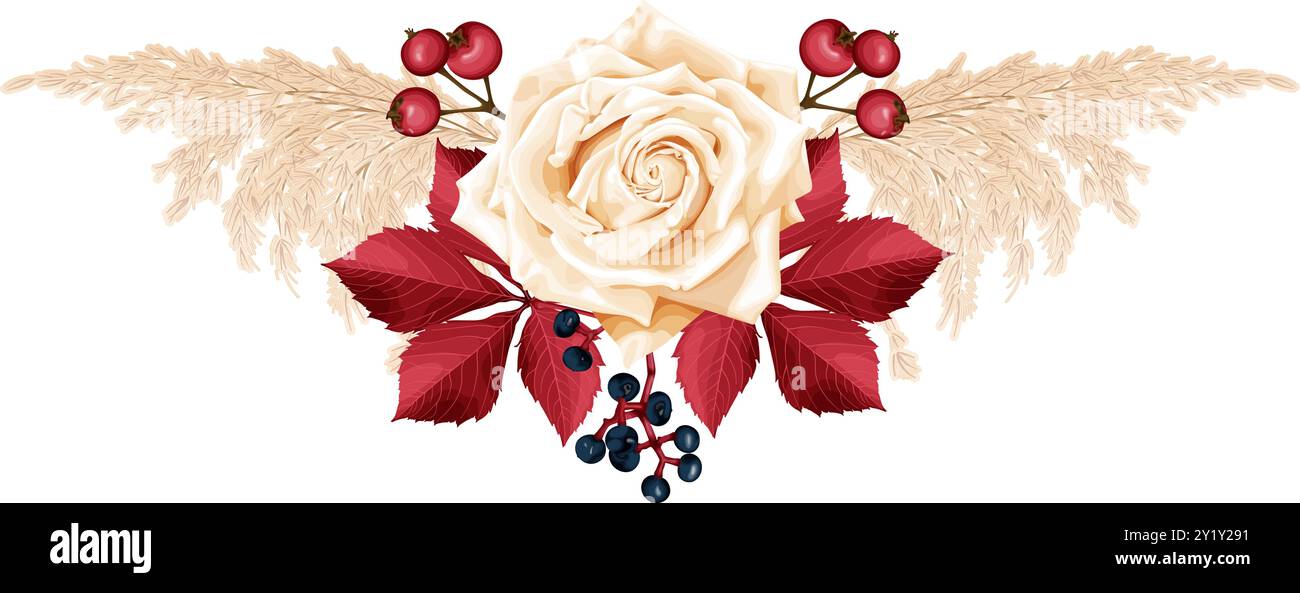 Bouquet d'automne avec une rose, des roseaux secs, des feuilles et des baies de raisins sauvages et des hanches de rose. Illustration vectorielle. Illustration de Vecteur