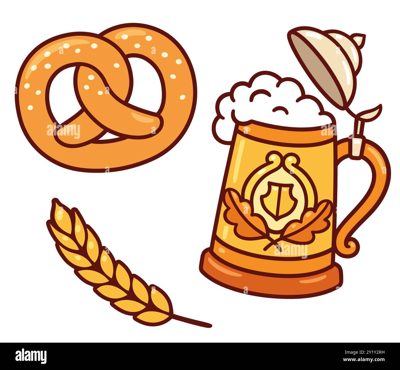 Traditionnel Oktoberfest stein (tasse à bière), bretzel et épi de blé. Fête allemande de la bière et de la récolte. Ensemble de dessin de dessin animé, illustration d'art clip vectoriel Illustration de Vecteur