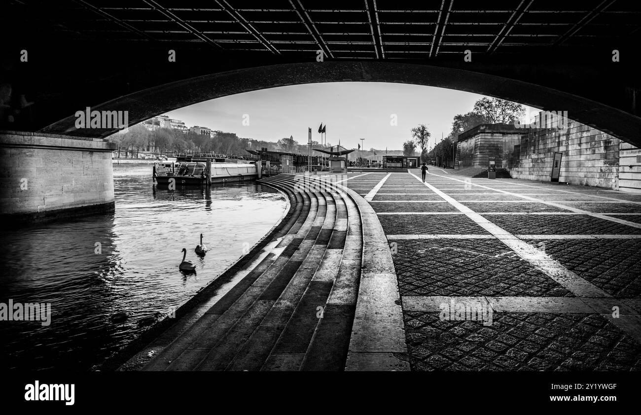 Les canards glissent le long des eaux calmes sous le pont d'Iéna, tandis qu'une promenade tranquille longe la Seine à Paris, créant une atmosphère urbaine paisible pendant la journée. Banque D'Images