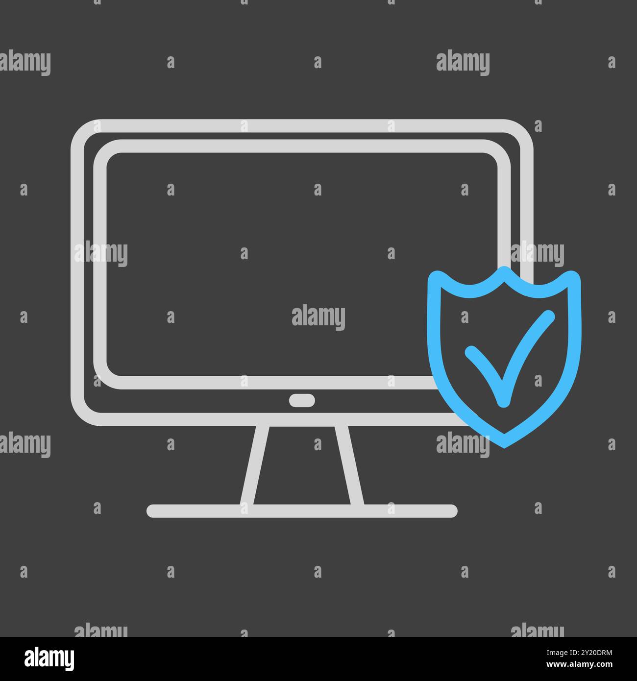 Moniteur avec bouclier et vecteur de coche sur l'icône de fond sombre. Panneau de sécurité. Symbole graphique pour votre conception de site Web, logo, application, interface utilisateur Illustration de Vecteur