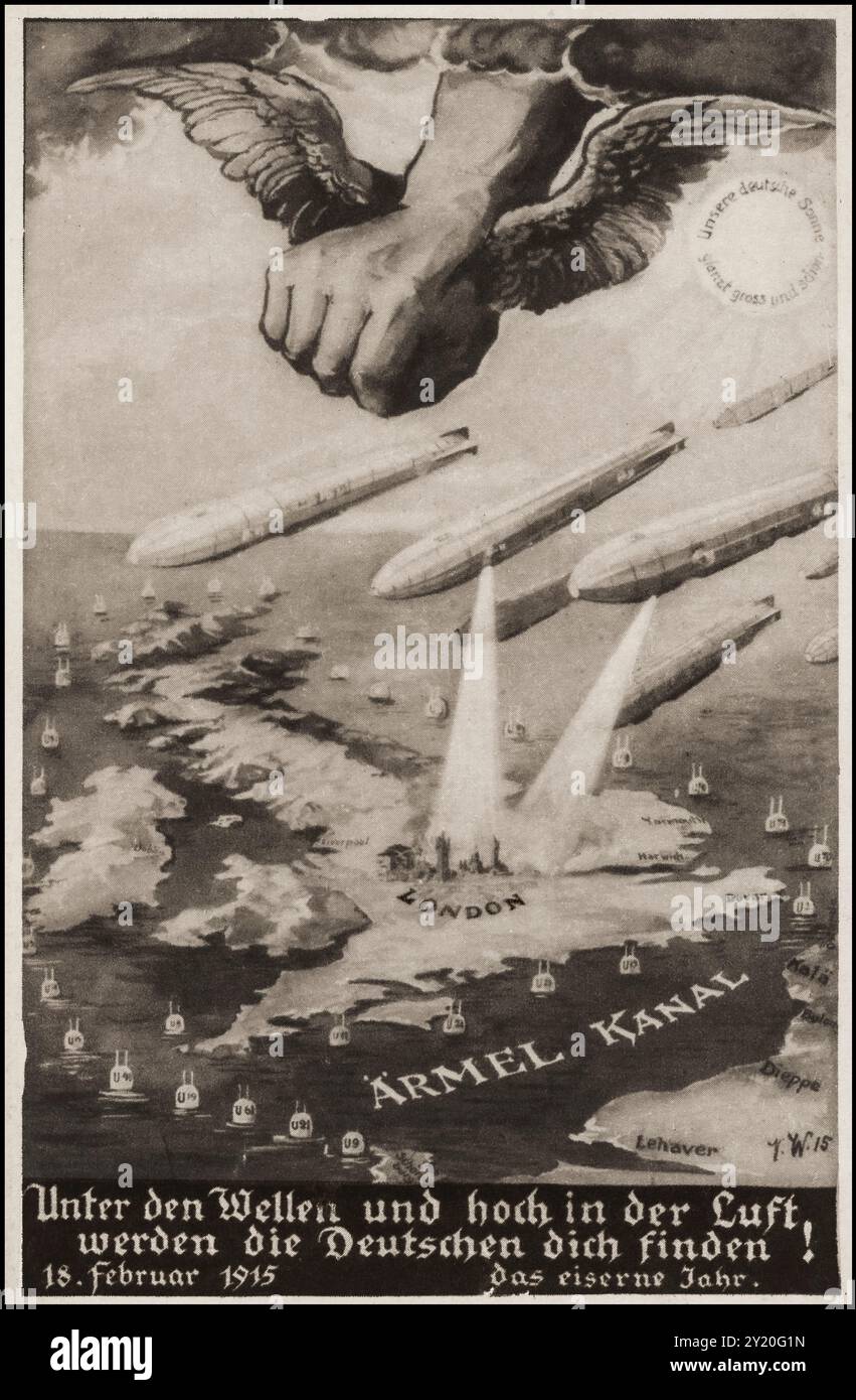 PROPAGANDE ALLEMANDE DE la 1ère Guerre mondiale « sous les vagues et haut dans les airs, les Allemands vous trouveront ! » «Under den Wellen und hoch in der Luft, werden die Deutschen dich finden! ' 1915 le message est clair : 'sous les vagues et haut dans les airs, les Allemands vous trouveront!' -Au-dessus des Zeppelins planant au-dessus de l'Angleterre -- aussi le blocus des sous-marins allemands encerclant les îles Britanniques. Banque D'Images