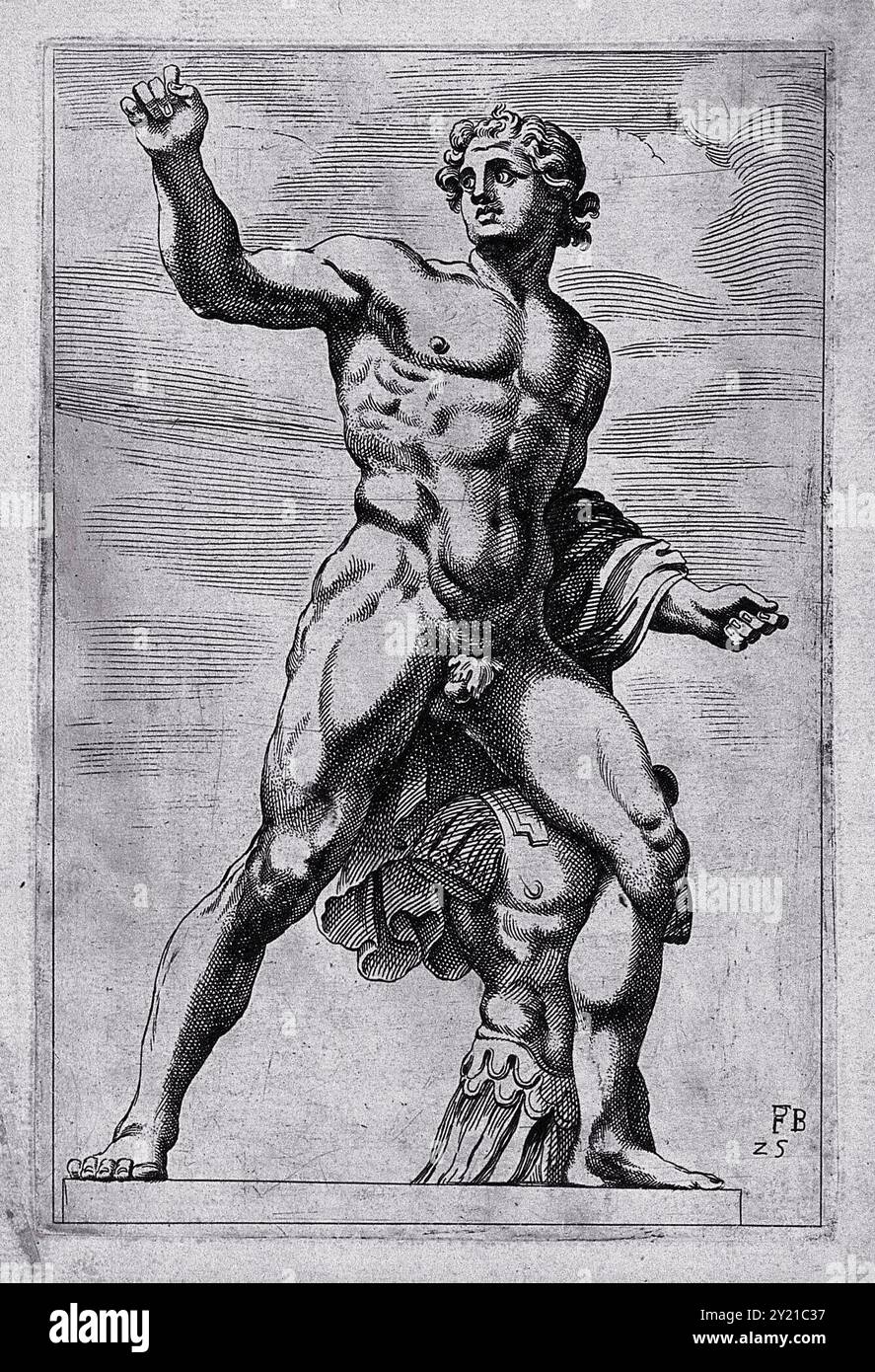 Cette gravure représente un guerrier musclé frappant une pose confiante, capturant l'essence de la bravoure et de l'art dans l'Europe du début du XVIIe siècle, attribuée à François Perrier. Banque D'Images