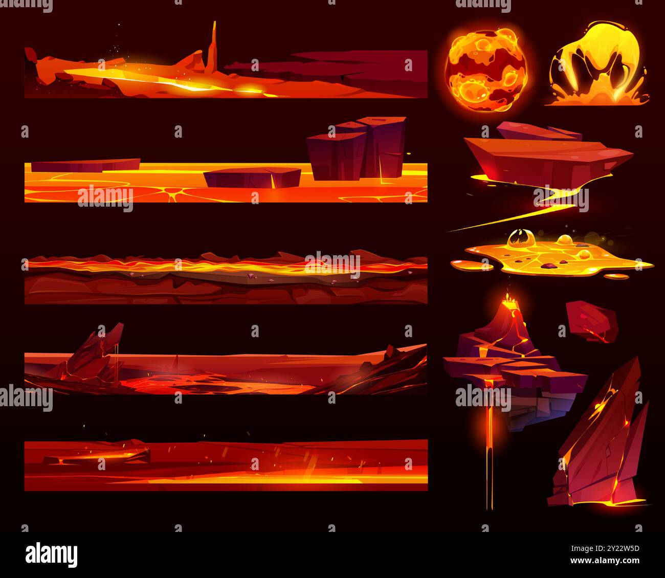 Effet de jeu de feu et de lave. Magma et rock cartoon ui 2d set. Conception d'élément isolé Magic vfx à écoulement fondu et éclaboussure de liquide. Fissure de la plate-forme au niveau de l'enfer, éclatement de la flamme et chauffage de la section de surface du sol Illustration de Vecteur