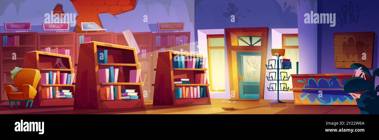 Intérieur de librairie fermé abandonné avec des livres sur des étagères et des étagères cassées, fauteuil déchiré, comptoir graffiné sale, porte d'entrée et murs détruits. Magasin écrasé de vecteur de bande dessinée avec de la littérature. Illustration de Vecteur