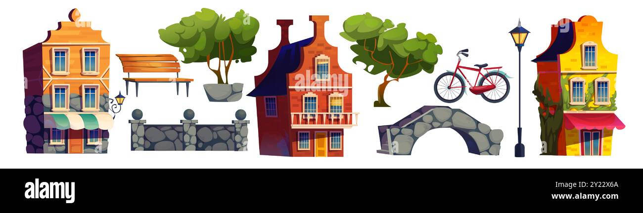 Éléments de conception de rue de la vieille Europe - maisons mignonnes avec fenêtres et balcons, pont en pierre et clôture, arbres verts et lampadaire, banc en bois et vélo. Ensemble vectoriel de dessin animé d'objets de ville vintage. Illustration de Vecteur
