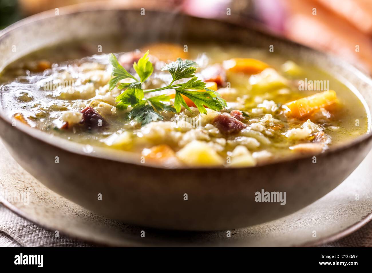 Soupe à base de gruaux d'orge, de cou de porc fumé, de pommes de terre et de légumes-racines. Banque D'Images