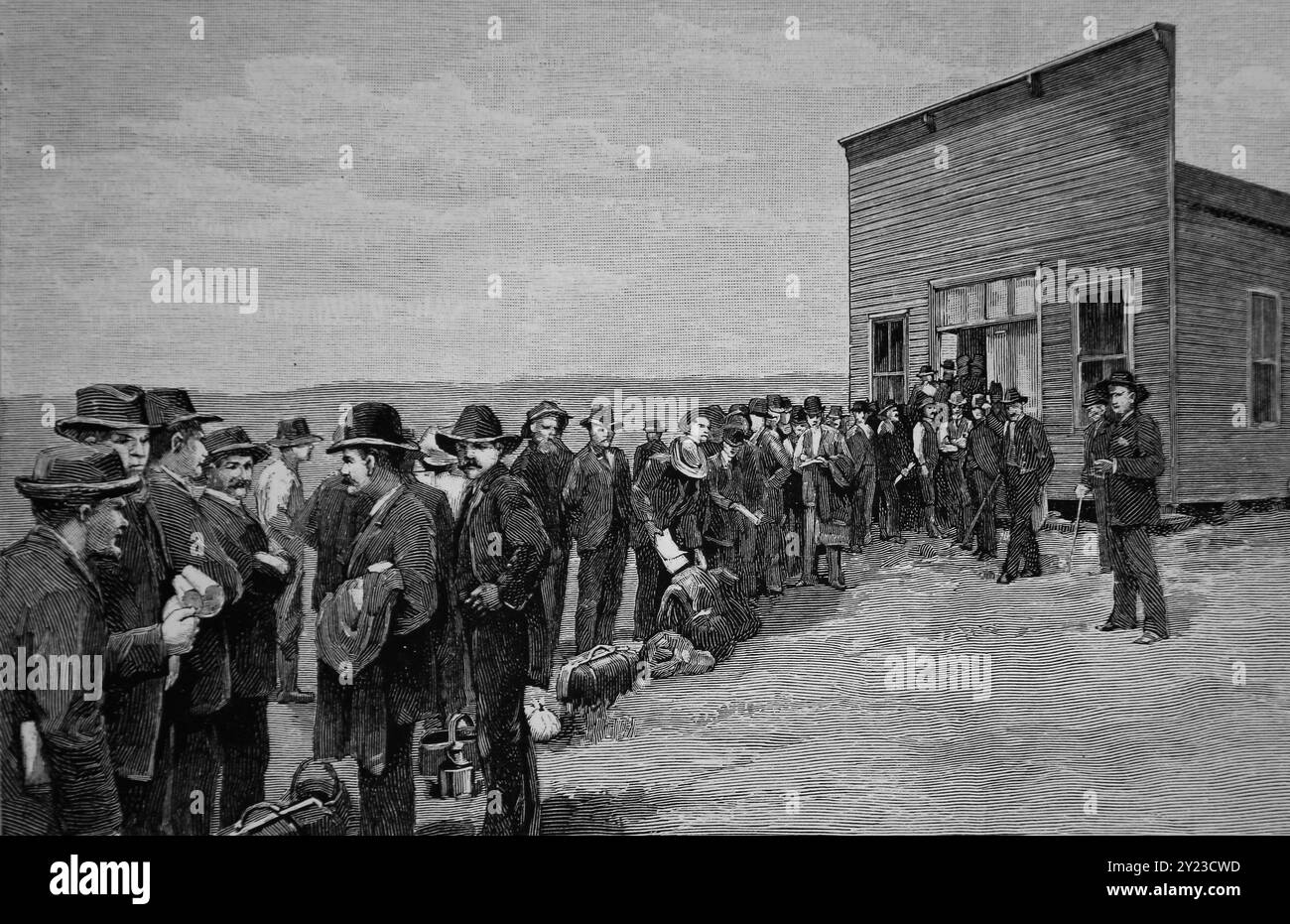 Le projet de loi sur les crédits indiens. Les terres de l'Oklahoma. Une région de deux milions d'acres ouverte à la colonisation. Bureau foncier à Guthrie, Oklahoma. 22 avril 1889. Banque D'Images