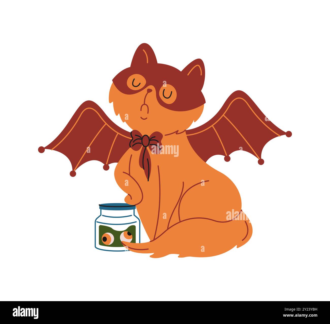 Chat rouge arrogant avec des ailes de pari et des yeux pot plat illustration vectorielle de couleur. Animal en costume de vampire icône de personnage d'Halloween sur blanc Illustration de Vecteur