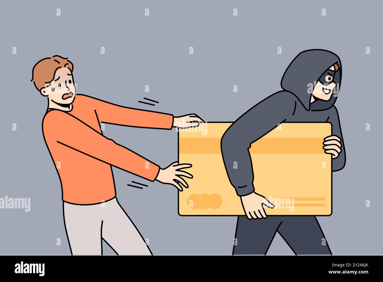 Le fraudeur vole la carte de crédit de l'homme en essayant d'économiser son propre argent et de se protéger contre les brevets. Le cybercriminel qui a piraté le site Web d'une banque retire des économies en utilisant le cardage ou l'ingénierie sociale Illustration de Vecteur