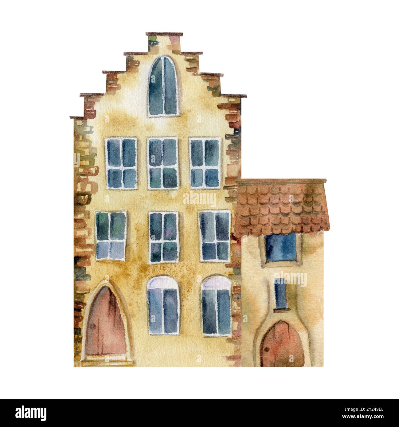 Vieilles maisons de rue de ville européenne, façades extérieures urbaines. Bâtiment historique de paysage urbain. Aquarelle illustration dessinée à la main. Pour les boutiques touristiques Banque D'Images