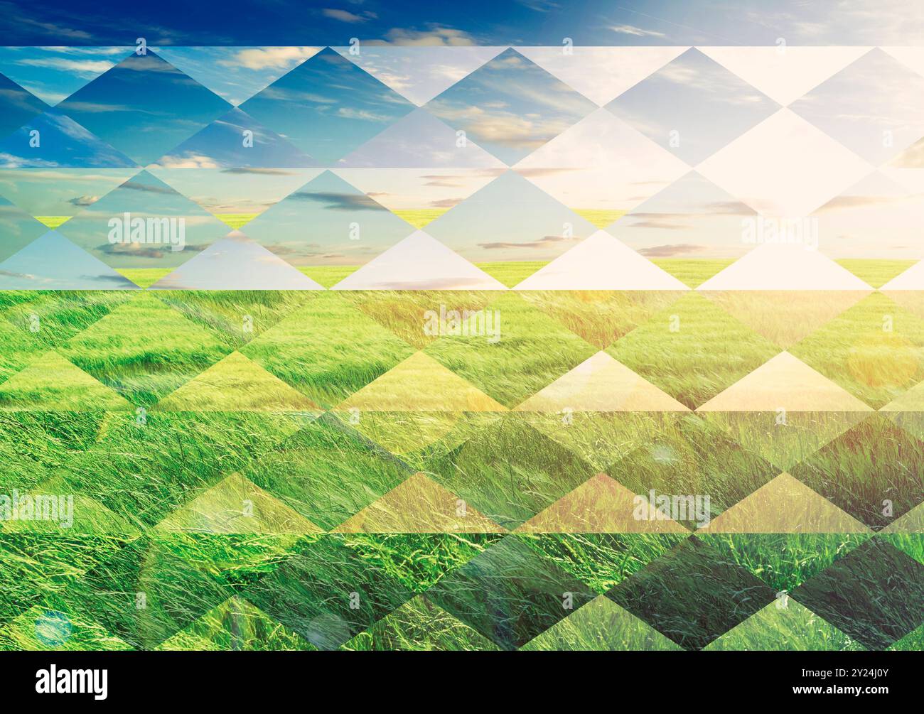 Fond de paysage de ciel d'herbe verte et de lever de soleil.Sunlights, concept de saison et campagne.champs de coucher de soleil et conception abstraite de rayon de soleil.vent dans la prairie. Banque D'Images