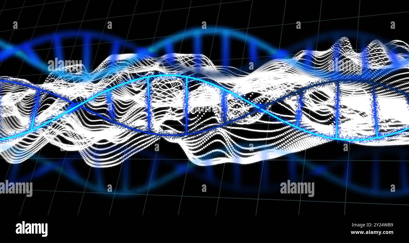 Brin d'ADN et motifs d'onde, image de traitement de données scientifiques Banque D'Images